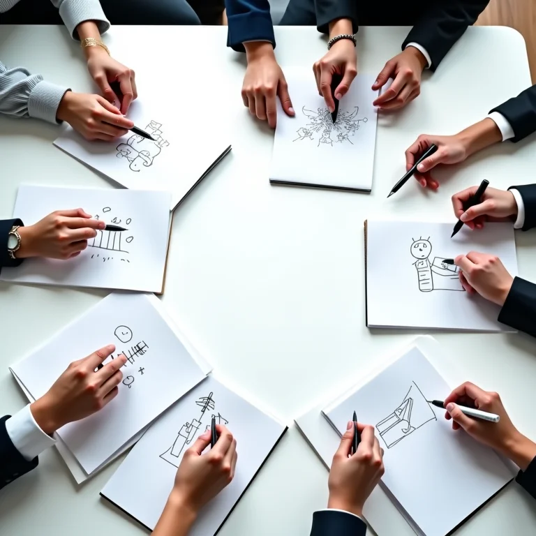 Mãos esboçando soluções em um Design Sprint.