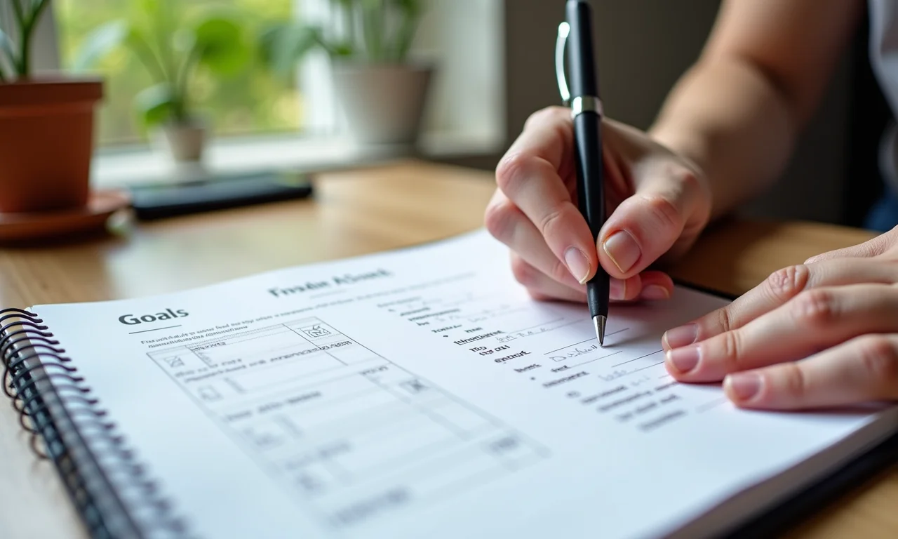 Mãos escrevendo metas financeiras claras em um caderno com elementos de design brasileiro.