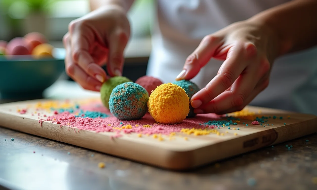 Mãos preparando brigadeiros e doces gourmet em cozinha brasileira.