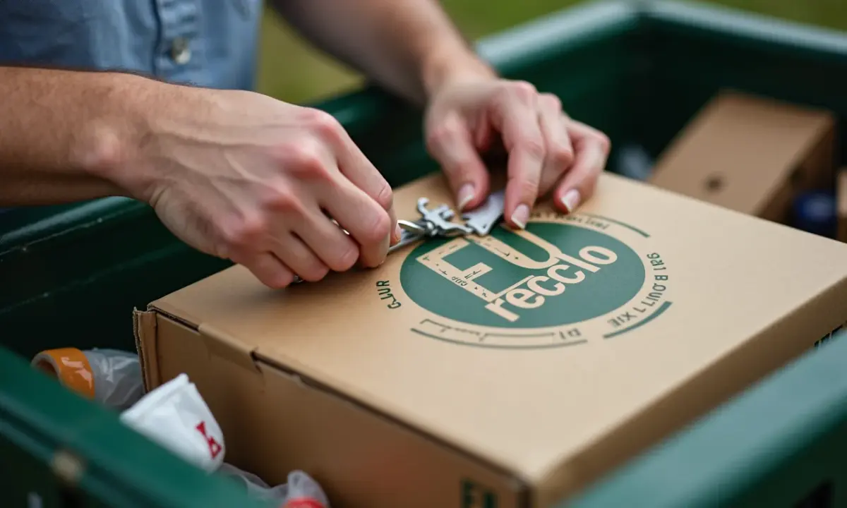 O que é o Selo Eu Reciclo e como ele funciona na prática? Mãos separando materiais recicláveis com o selo Eu Reciclo em uma caixa.
