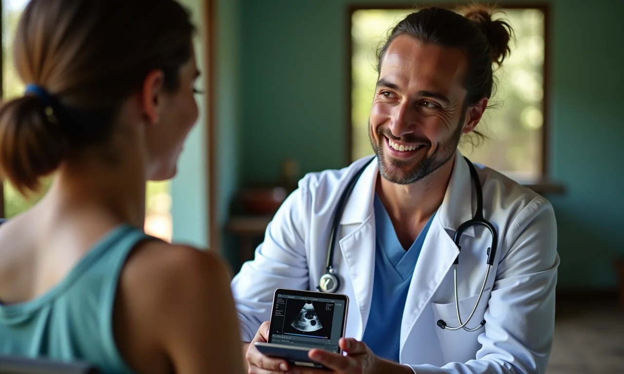 Médico em comunidade rural brasileira usando aparelho de ultrassom portátil em paciente.