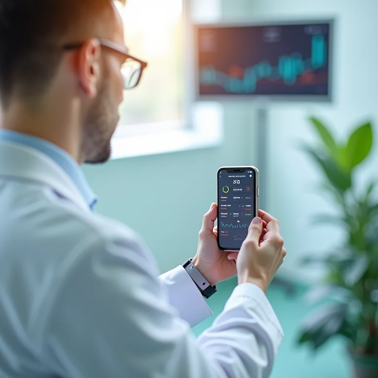 Médico monitorando dados de paciente remotamente em smartwatch.