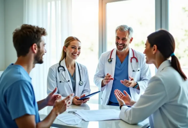 Médicos e pacientes discutindo resultados de testes genéticos em clínica moderna.