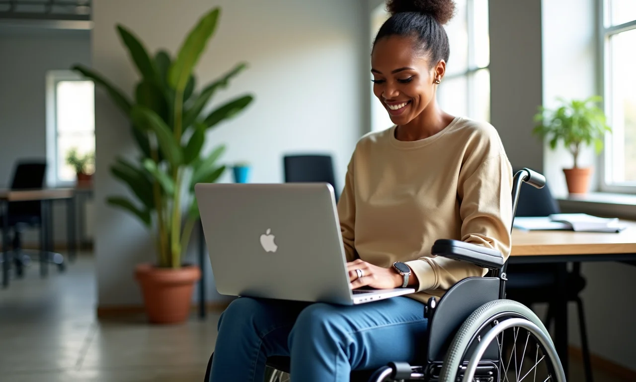 MEI cadeirante trabalhando em escritório acessível, representando aposentadoria por invalidez.