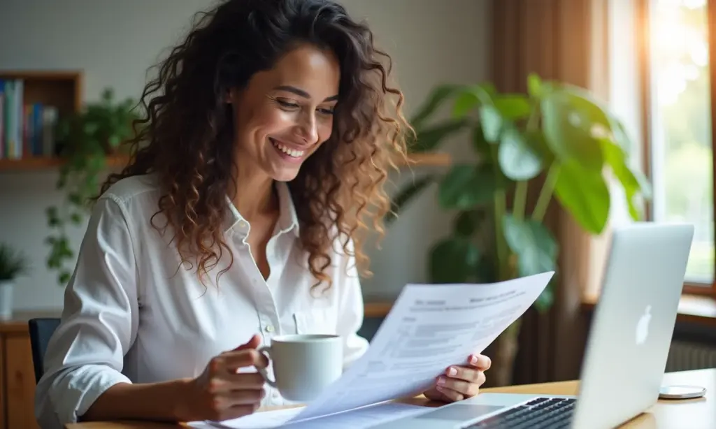MEI sorrindo revisando documentos financeiros em home office iluminado.