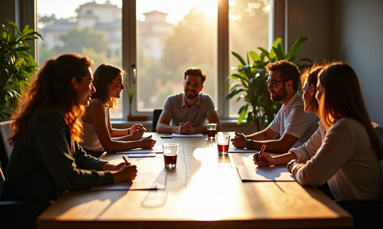 Membros da equipe discutindo valores fundamentais para o manifesto de inovação.