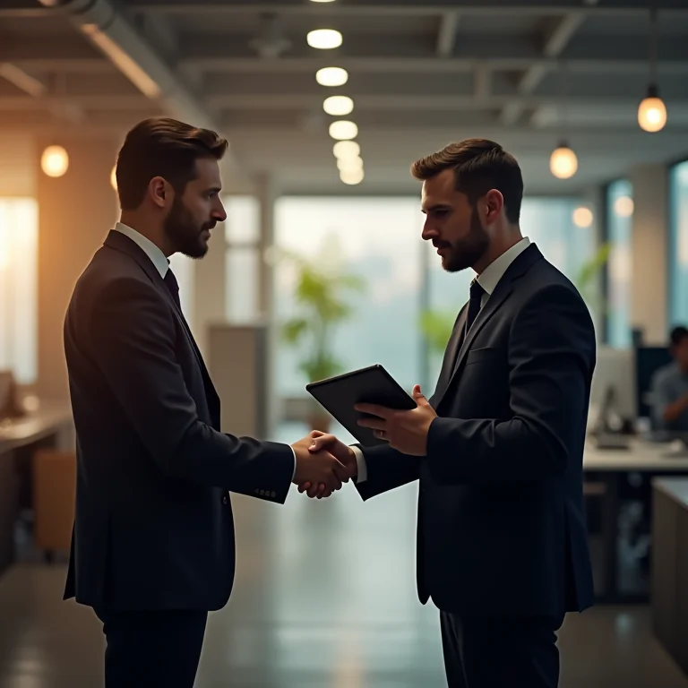 Mentor guiando um mentee em ambiente de escritório moderno.
