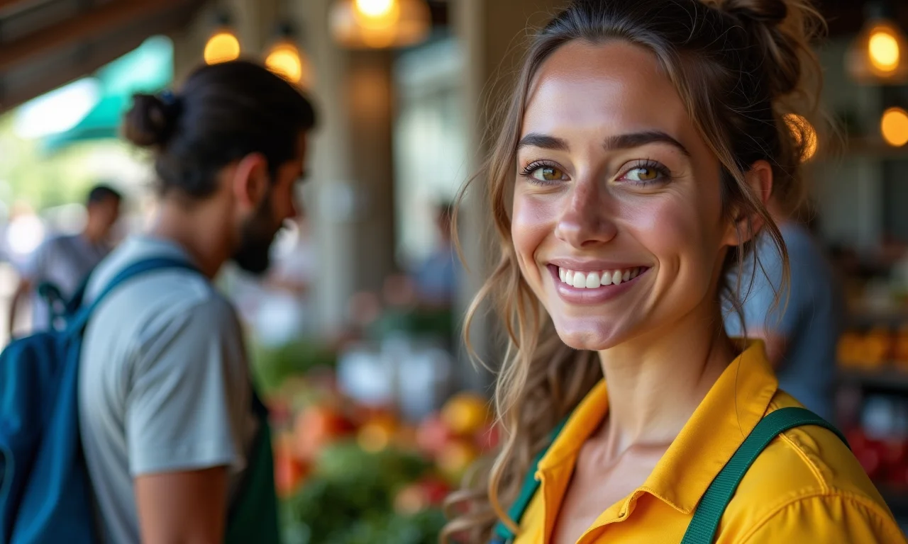 Mercado brasileiro com pequenos empresários sorrindo, representando SMAL11.