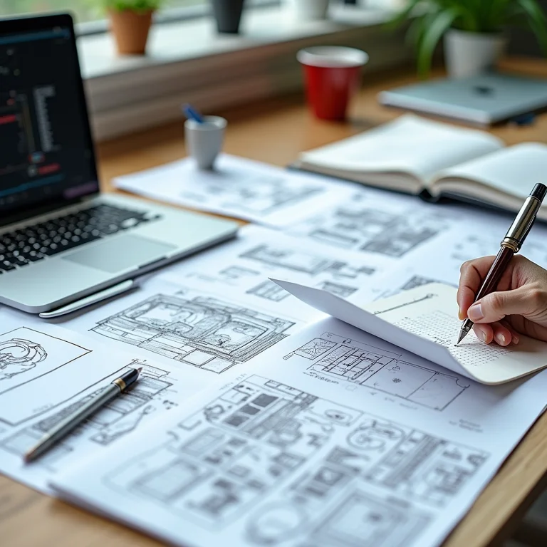 Mesa de designer com esboços de design especulativo