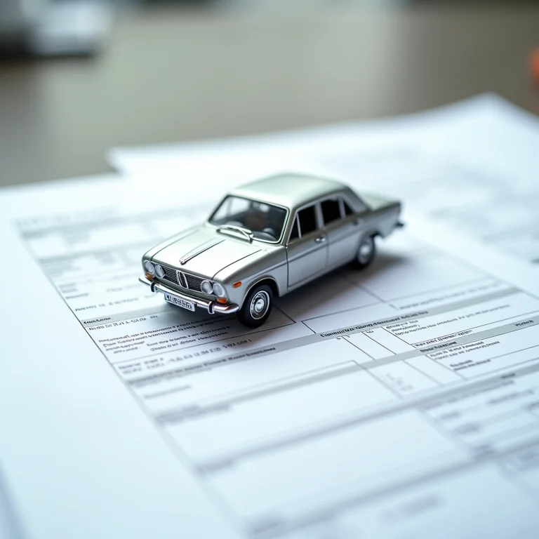 Miniatura de carro sobre formulários de imposto, representando a declaração de veículos herdados no Imposto de Renda.