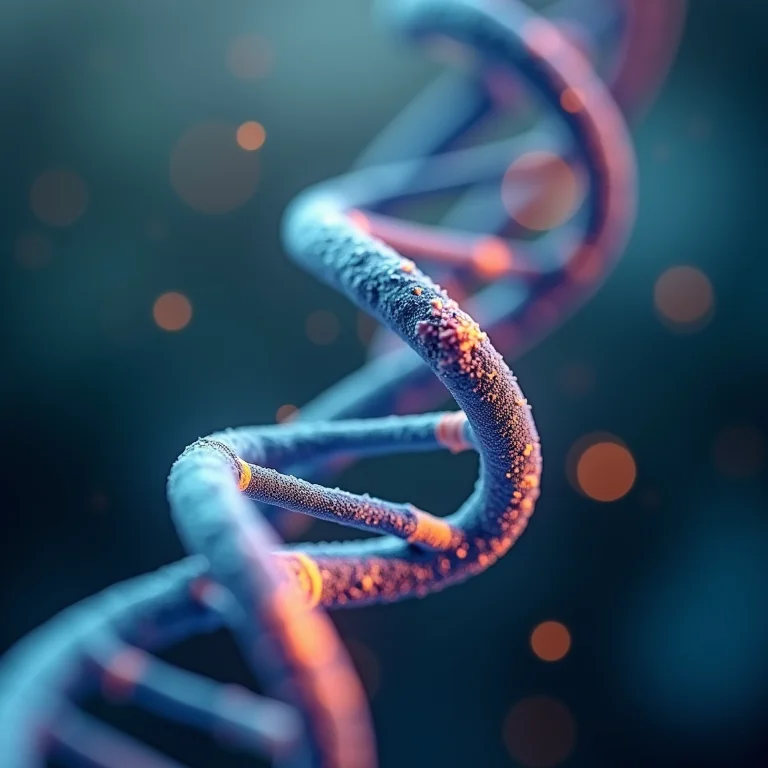 Modelo de DNA com segmentos genéticos destacados.