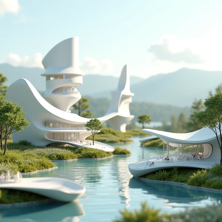 Modelos arquitetônicos de edifícios futuristas com design especulativo.