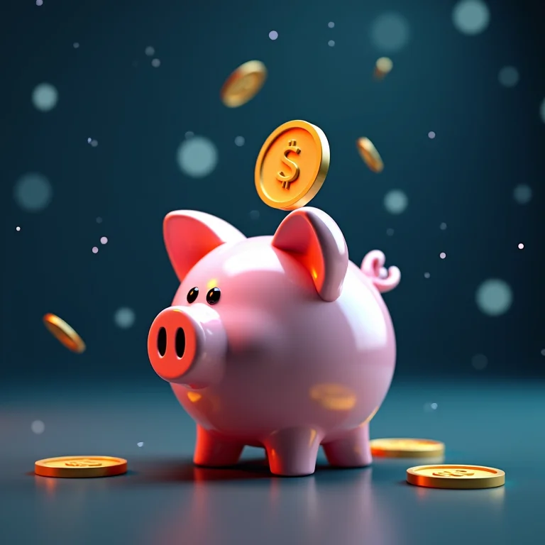 Moedas digitais sendo depositadas em um cofrinho digital, ilustrando o investimento mínimo.