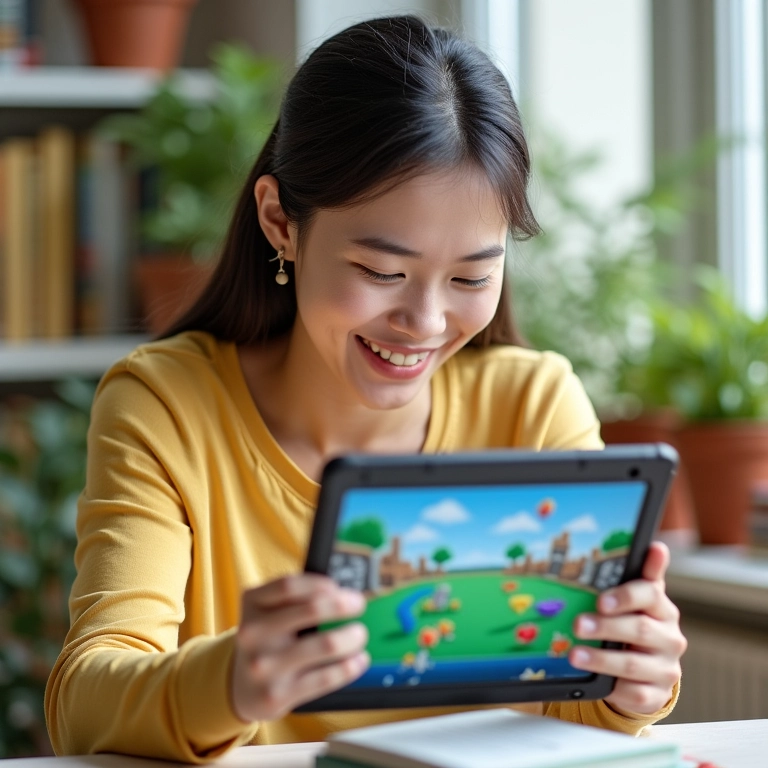 Mulher adulta jogando game educativo em tablet, sorrindo.