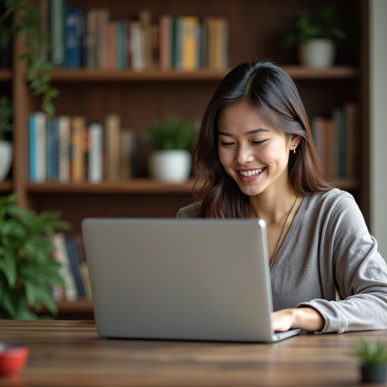 Mulher adulta usando aplicativo de aprendizagem personalizada no laptop.