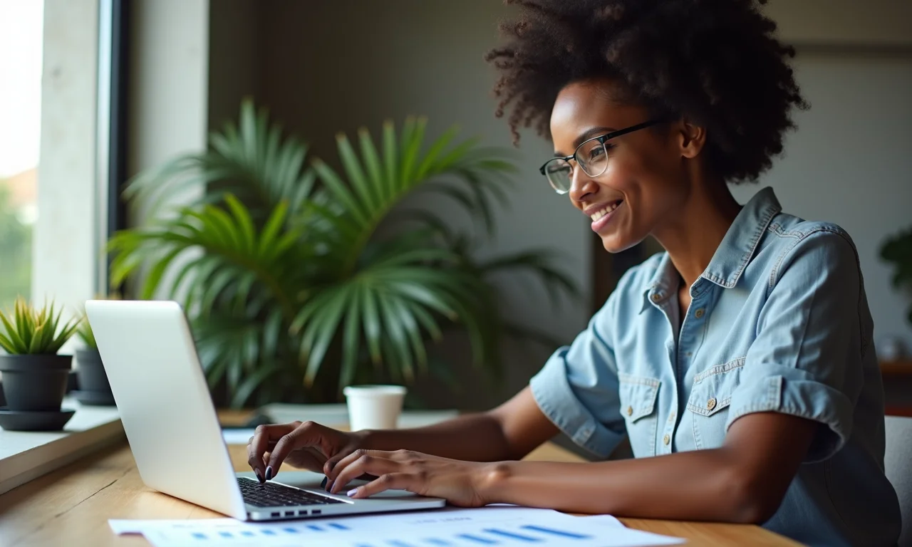 Mulher analisa dados financeiros em laptop, focando no cálculo do ROE.