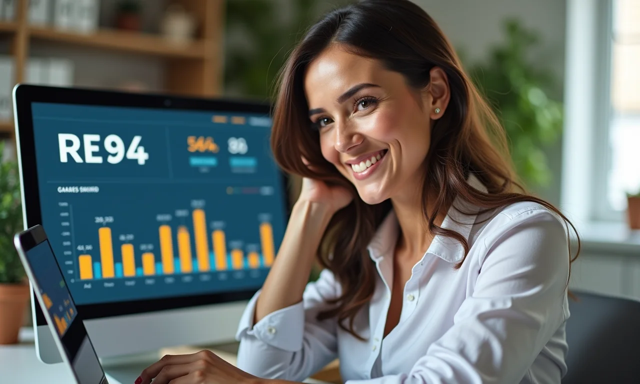 Mulher analisando dados de programa de afiliados em laptop, mostrando o retorno sobre o investimento.
