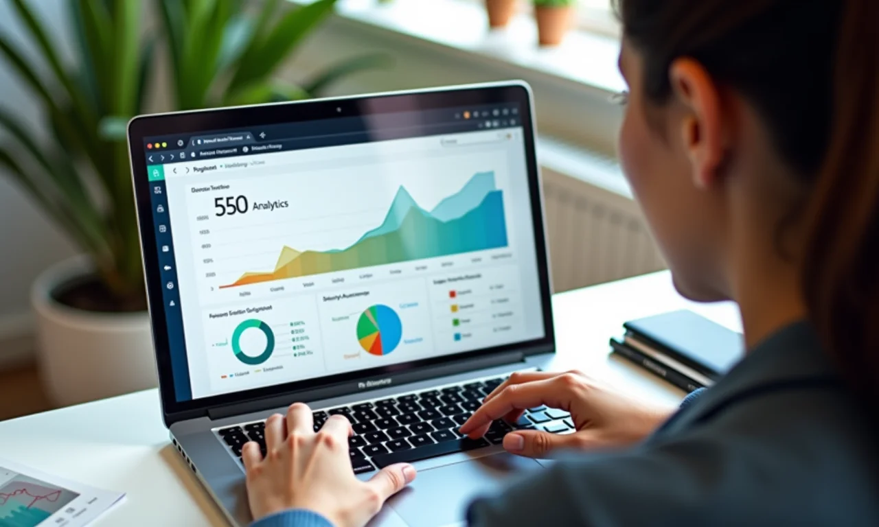 Mulher analisando dados de SEO em dashboard com gráficos coloridos.