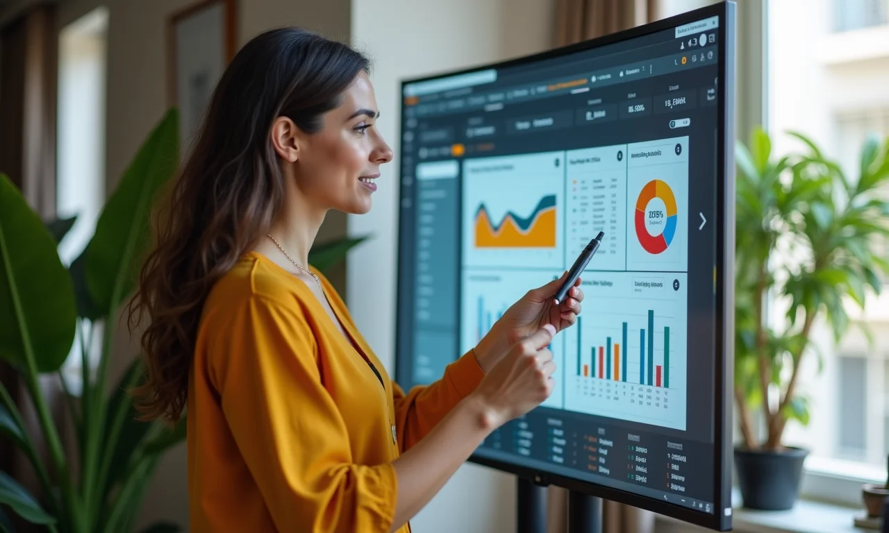 Mulher analisando dashboard de métricas, monitorando os resultados do JTBD.