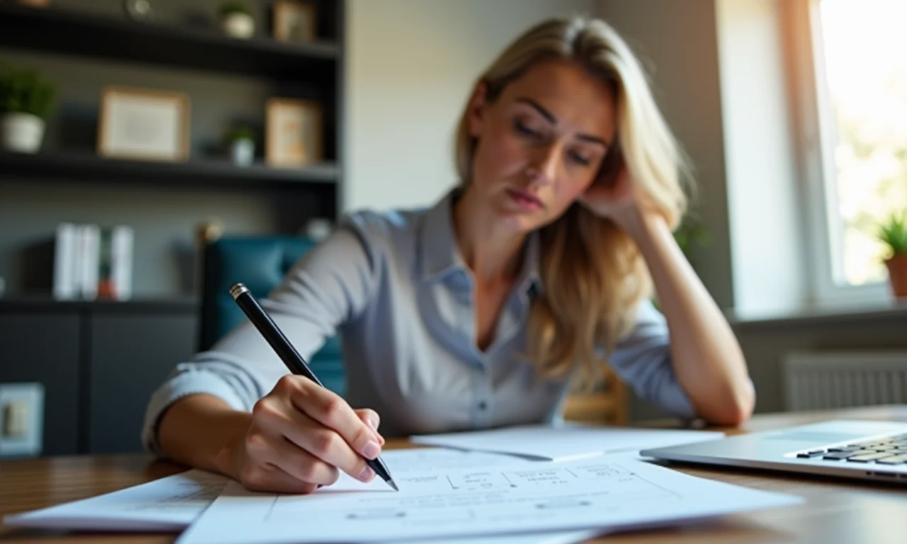 Mulher analisando documentos financeiros.
