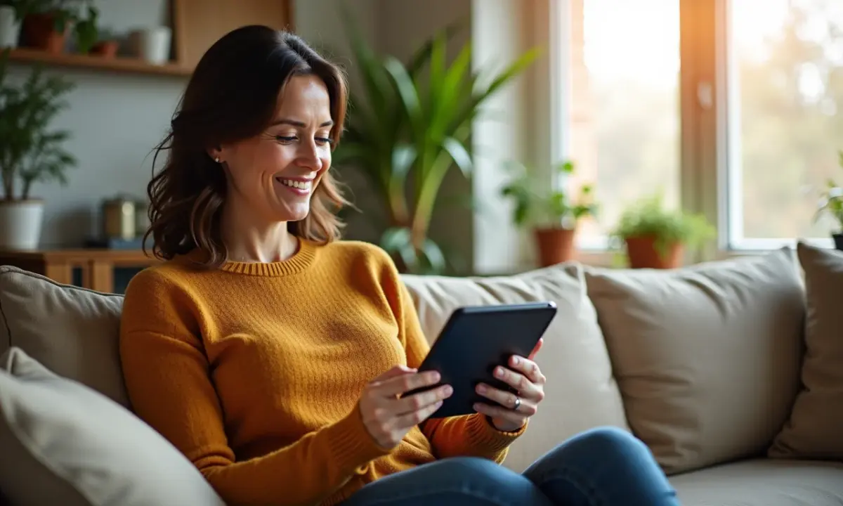 Investimento em Ações de Dividendos a Estratégia Para Viver de Renda Mulher analisando gráficos de ações em tablet, sorrindo em casa com plantas e luz natural.