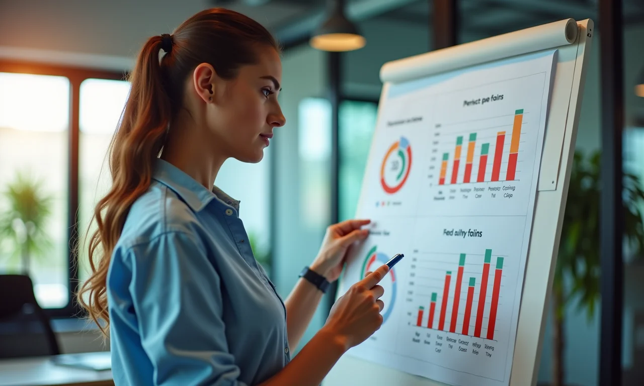 Mulher analisando gráficos de feedback do cliente, destacando 'dores' e 'ganhos'.