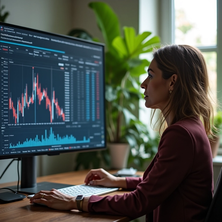 Mulher analisando gráficos de investimento em escritório.