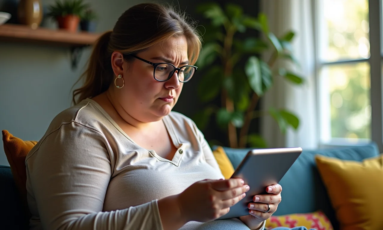 Mulher analisando investimentos em tablet com expressão preocupada devido à marcação a mercado.