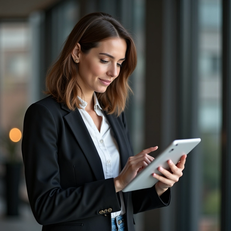 Mulher analisando portfólio de consultor de SEO em tablet.