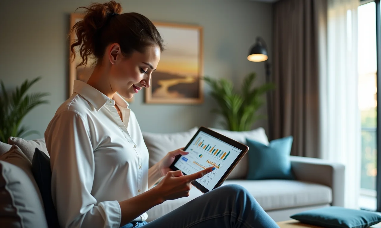 Mulher analisando portfólio de investimentos em tablet em apartamento moderno.
