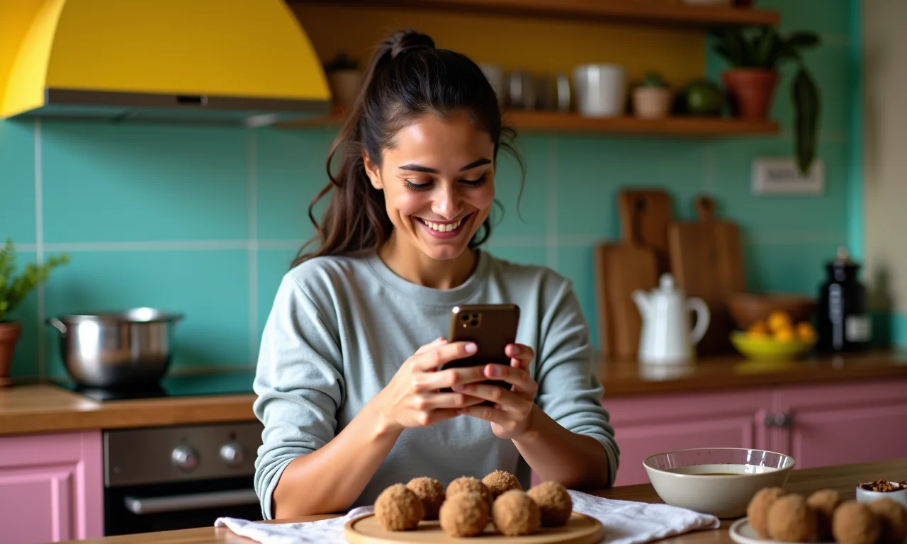 Mulher assistindo tutorial de brigadeiro no celular na cozinha.