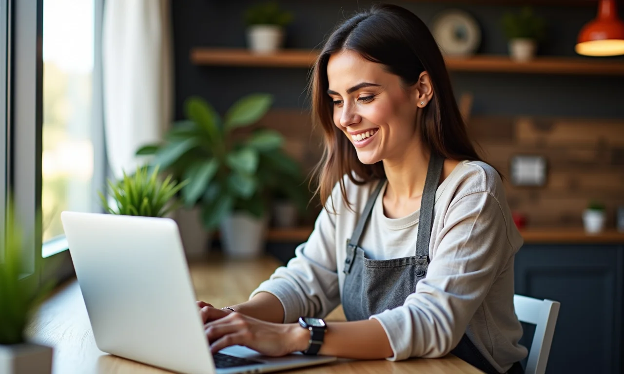 Mulher atualizando o Google Meu Negócio com produtos brasileiros para SEO local.