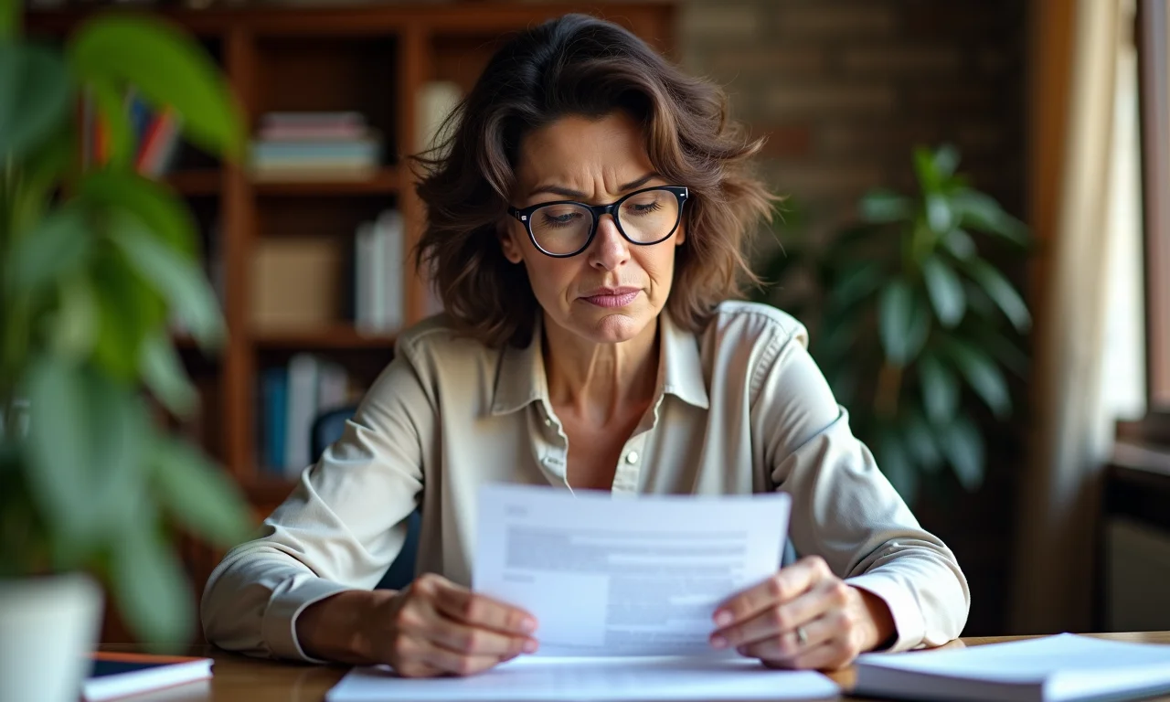 Mulher brasileira madura, investidora conservadora, analisa documentos financeiros.