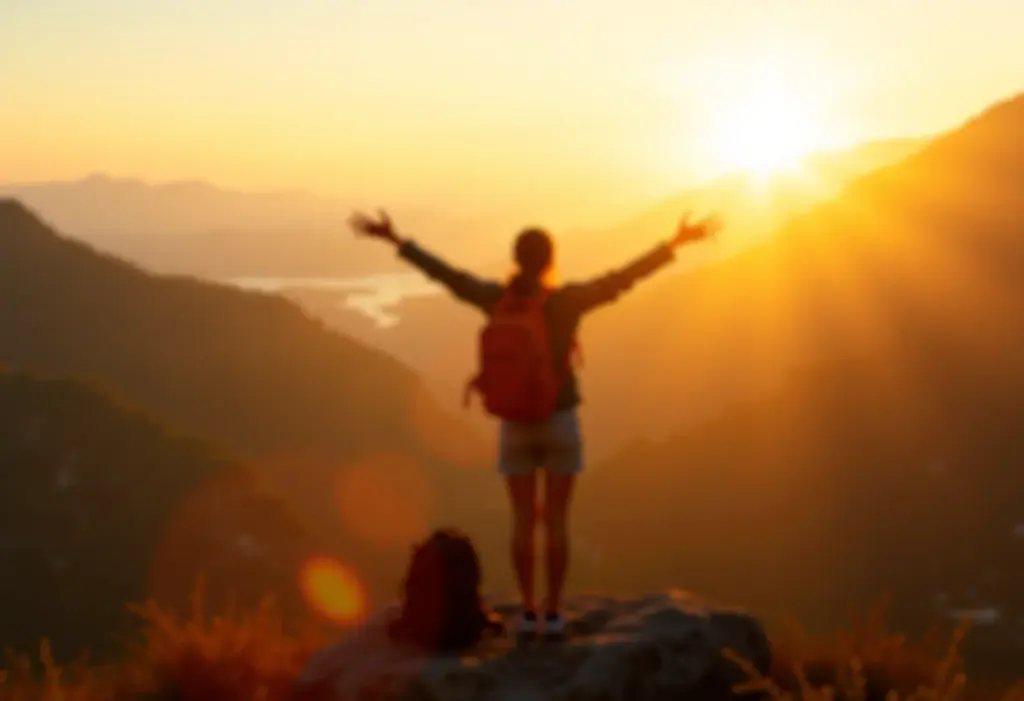 Mulher brasileira no topo da montanha ao nascer do sol, curtindo a liberdade de um ano sabático.