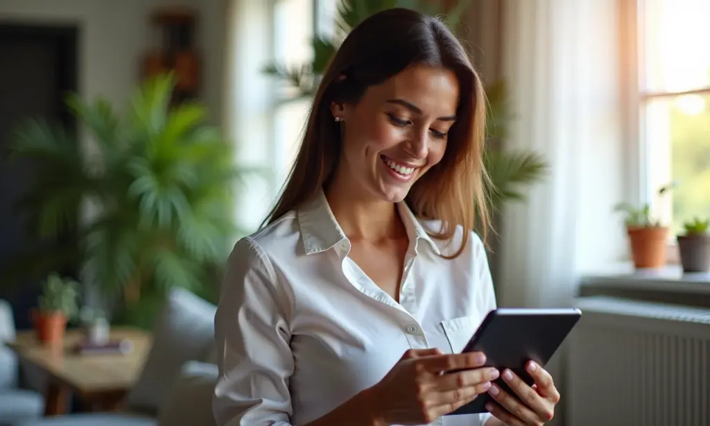 Mulher brasileira sorrindo analisa score de crédito no tablet, mostrando o conceito de Cadastro Positivo.