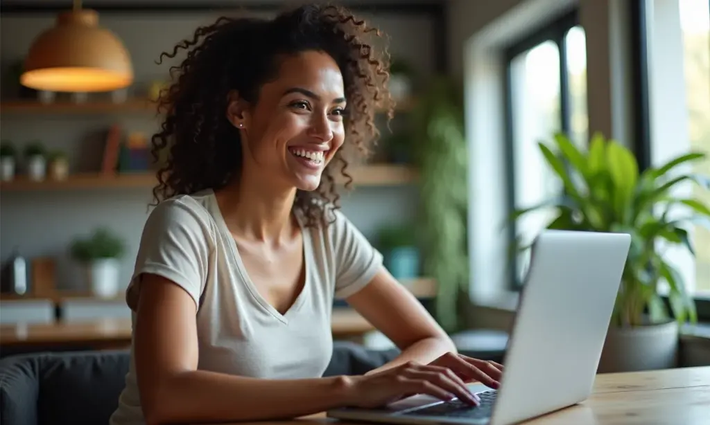 Mulher brasileira sorrindo, analisando dados do mercado de ações em um laptop em um apartamento moderno.