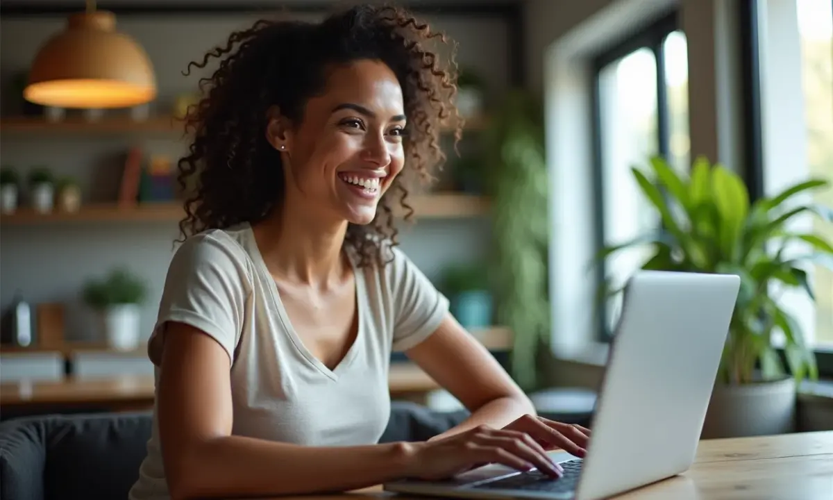 Mulher brasileira sorrindo, analisando dados do mercado de ações em um laptop em um apartamento moderno.