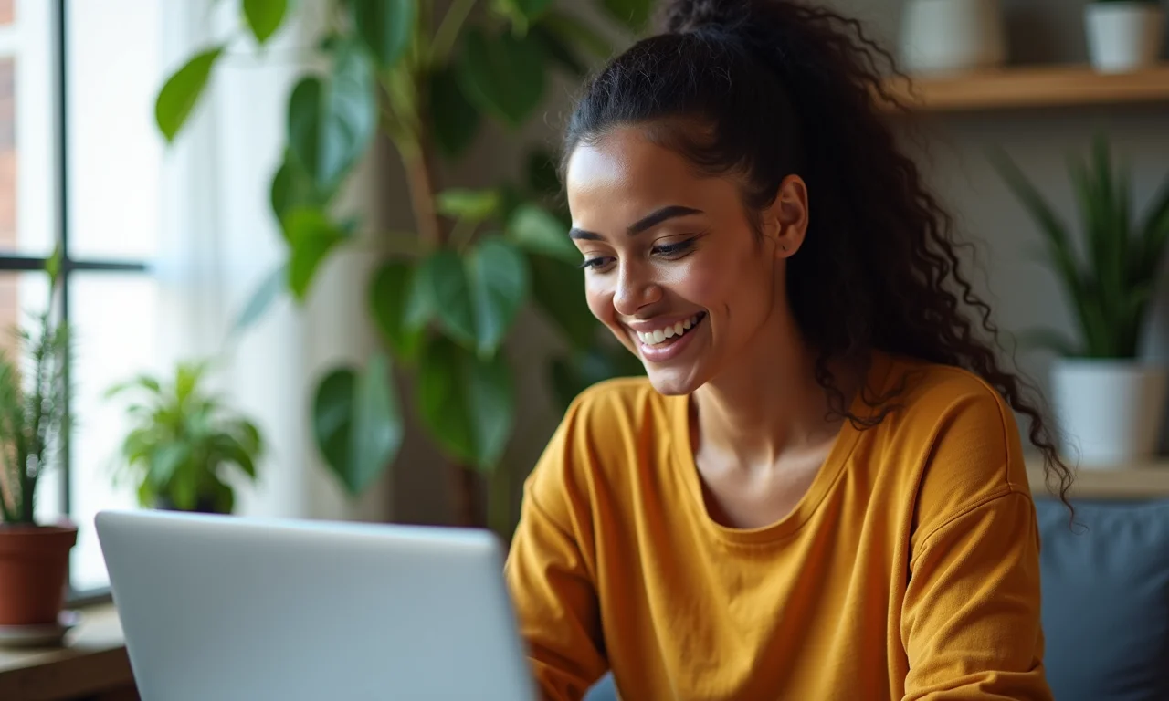 Mulher brasileira sorrindo enquanto atualiza seu Cadastro Positivo no laptop.
