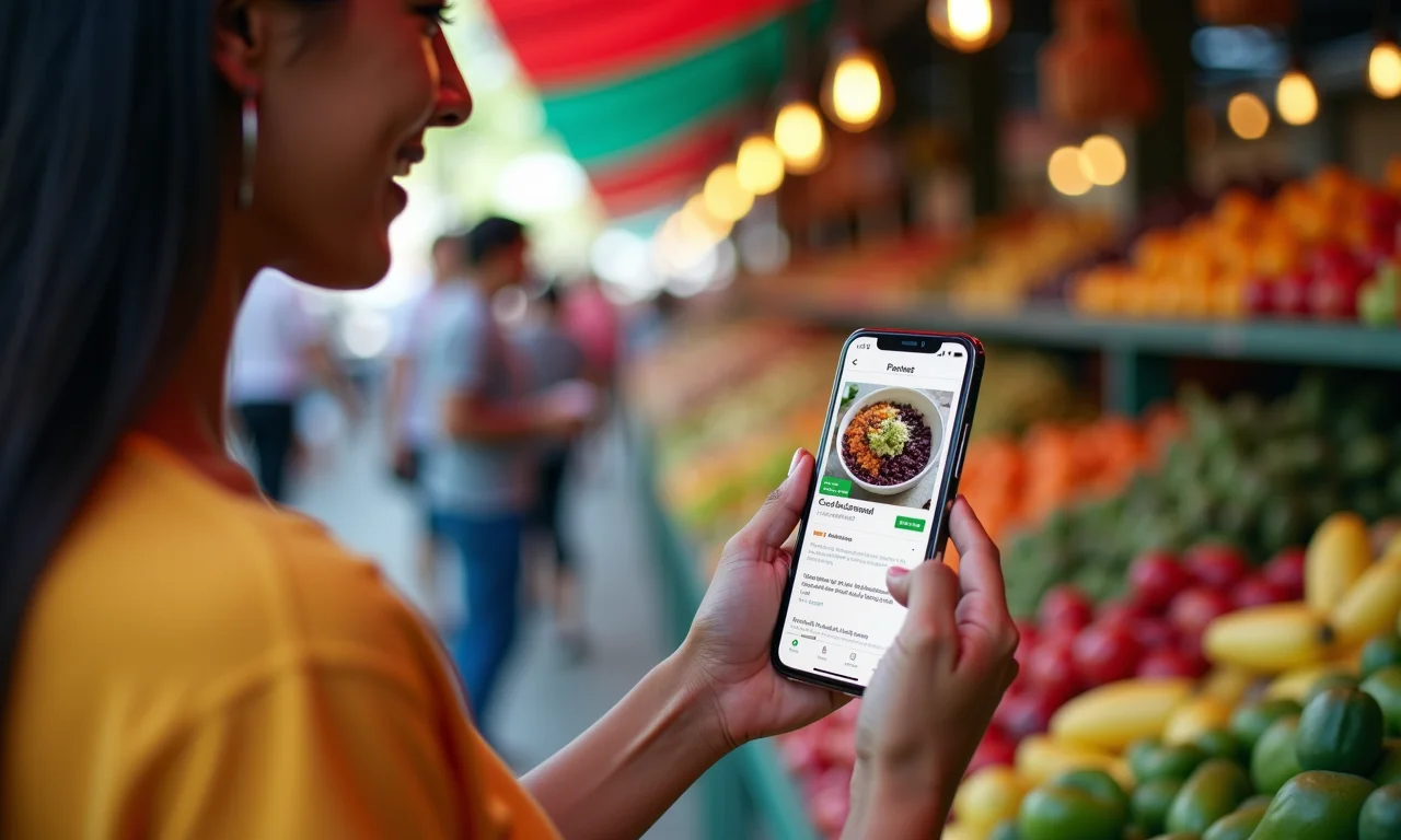 Mulher buscando 'melhor açaí perto de mim' no celular em mercado.