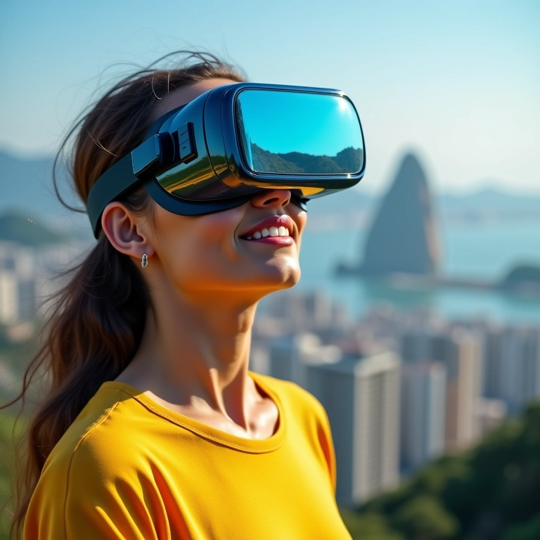 Mulher com óculos VR explorando o Rio de Janeiro virtualmente.