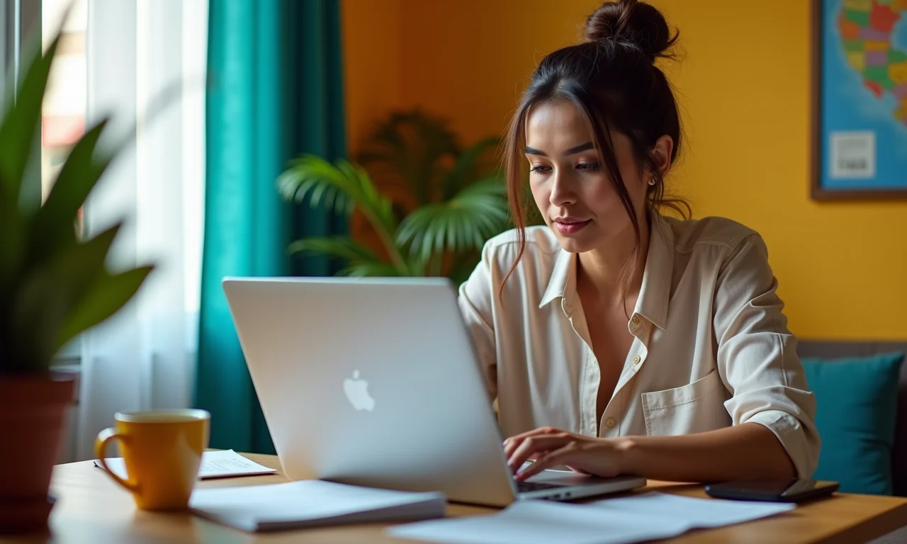 Mulher comparando preços de seguro de carro em um laptop.