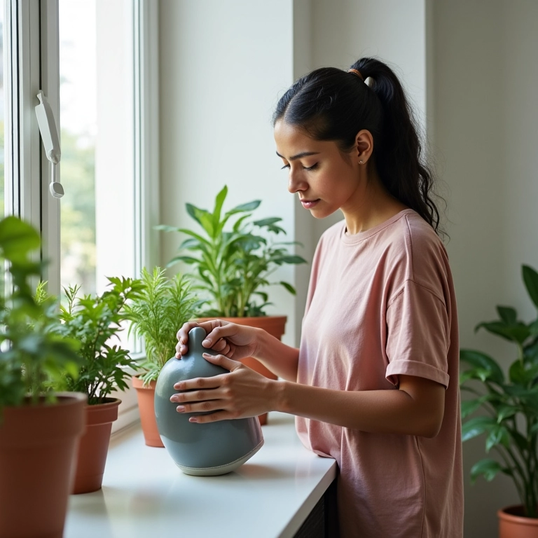 Mulher cuidando de plantas em apartamento minimalista.