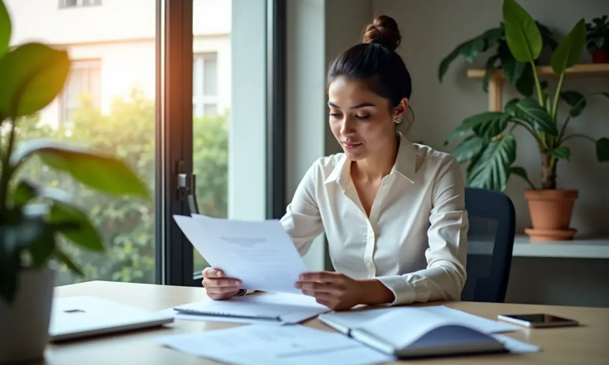 Mulher de negócios analisando documentos financeiros em escritório moderno, representando a recuperação de créditos tributários para empresas do Simples Nacional.