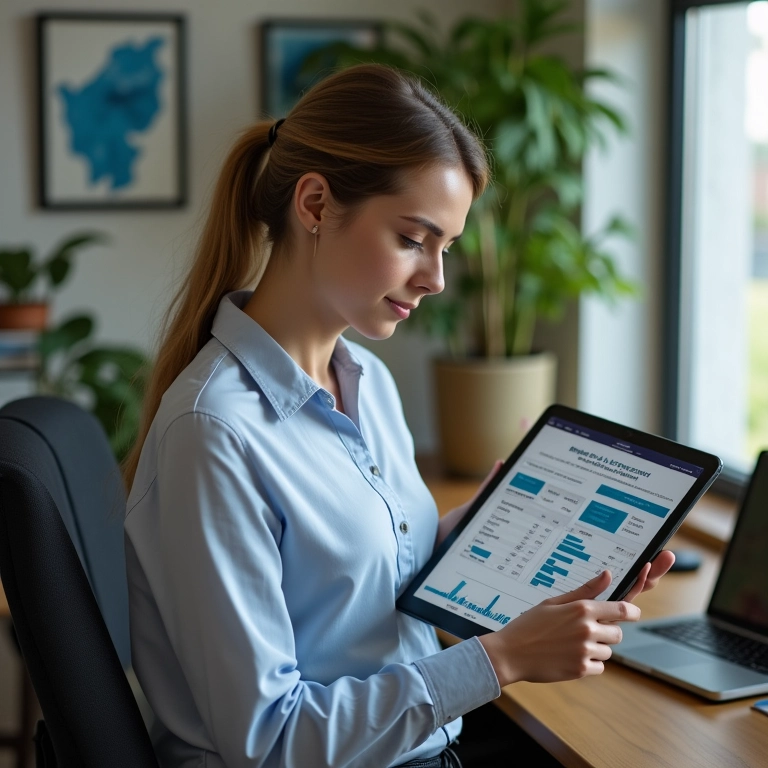 Mulher de negócios analisando setores econômicos no CAGED.
