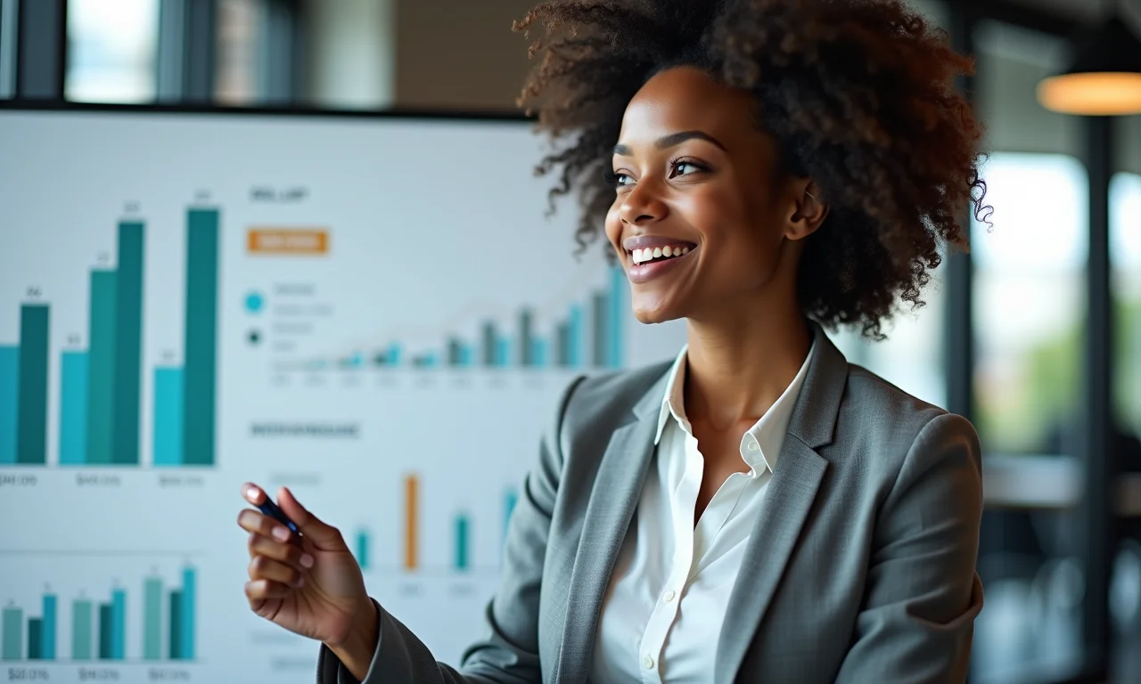 Mulher de negócios projetando fluxo de caixa futuro com gráficos.