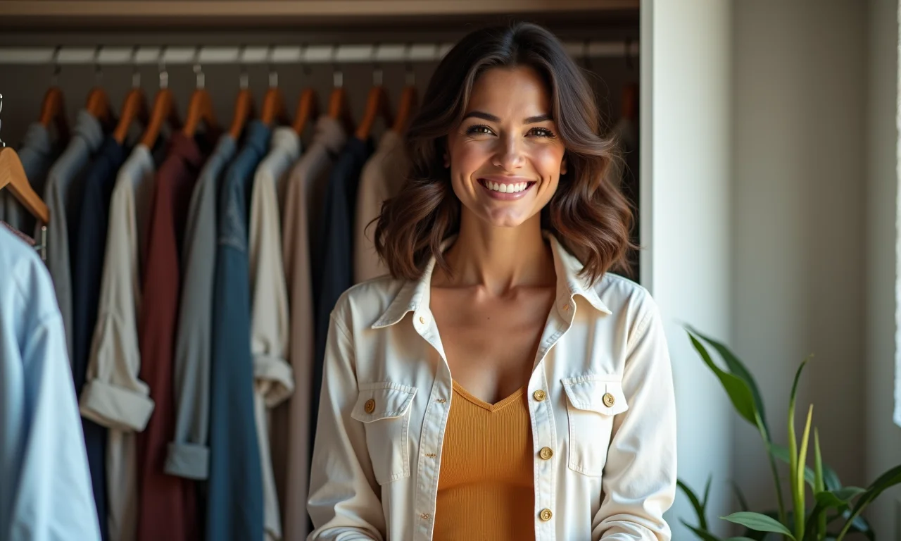Mulher doando roupas para caridade, simbolizando desapego e simplificação da vida.