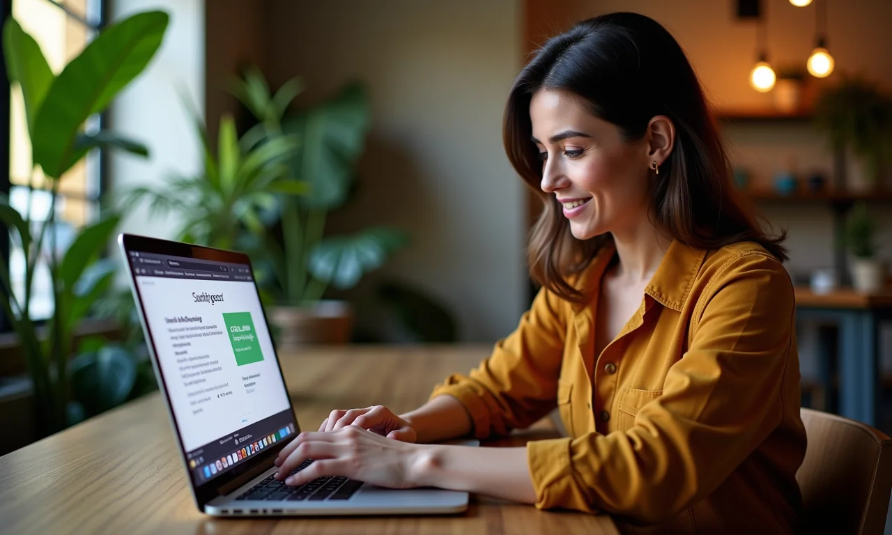 Mulher enviando campanha de e-mail marketing personalizado em laptop.