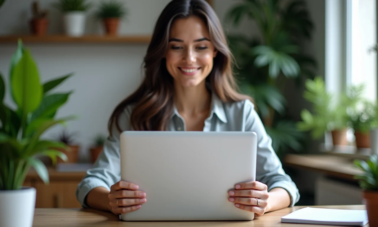 Mulher enviando pedido de restituição de impostos online, representando o processo de solicitação à Receita Federal.