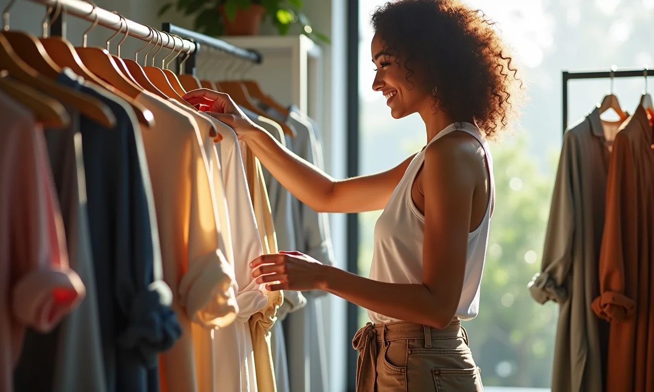 Mulher escolhendo roupas de produção ética em uma boutique sustentável.