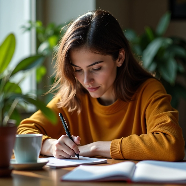 Mulher escrevendo metas financeiras em um caderno.